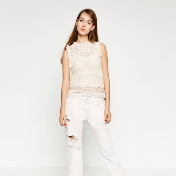 NWT Zara Ivory Contrast Crochet Top with Cami - Picture 2 of 7